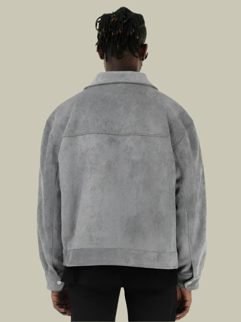Men's Jacket – Oversized Fit – Suede – Full Zip – Wide Collar – Flap Pockets