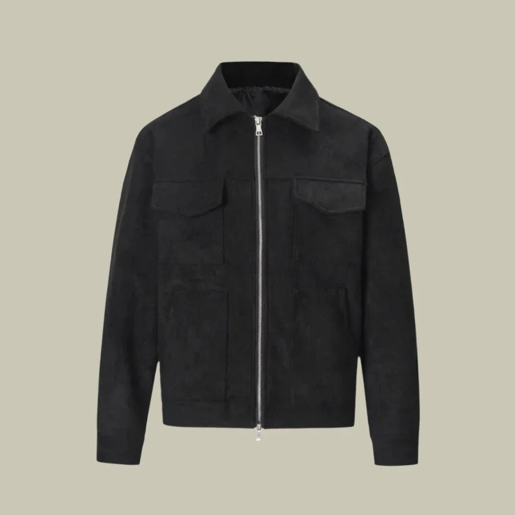 Men's Jacket – Oversized Fit – Suede – Full Zip – Wide Collar – Flap Pockets