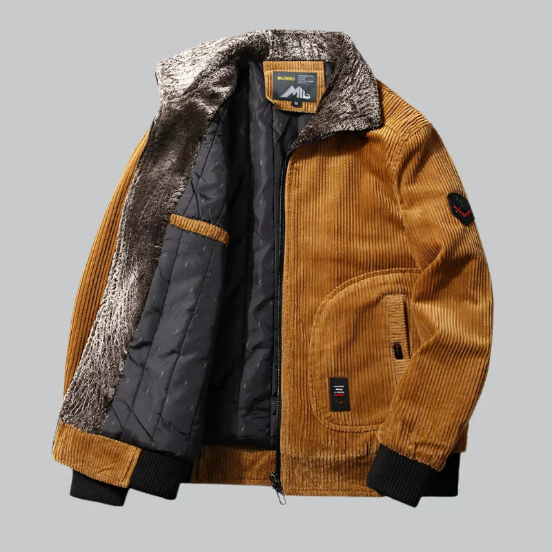 Men’s Corduroy Jacket – Quilted Lining – Faux Fur Collar – Ribbed Cuffs & Hem