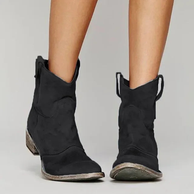 Women’s Ankle Boots – Suede – Low Heel – Vintage Style – Western Toe – Pull Tabs