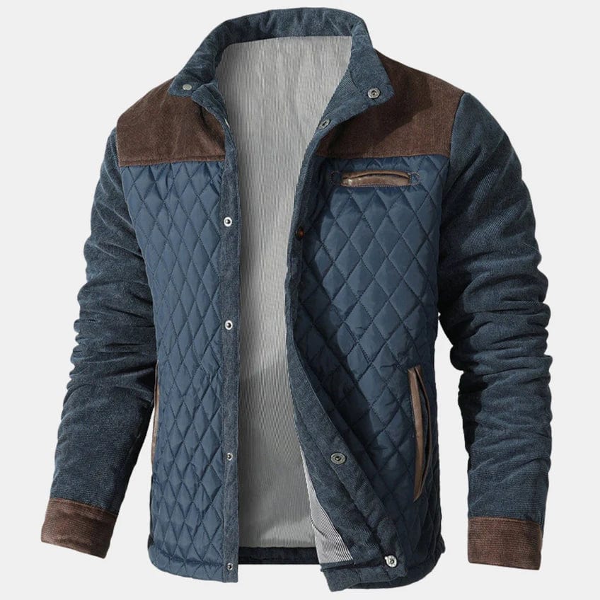 Men’s Quilted Jacket – Regular Fit – Diamond Stitching – Corduroy Shoulders – Leather Trim