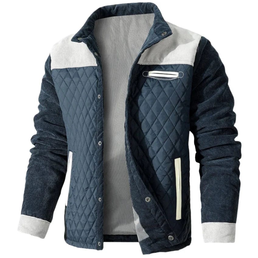 Men’s Quilted Jacket – Regular Fit – Diamond Stitching – Corduroy Shoulders – Leather Trim