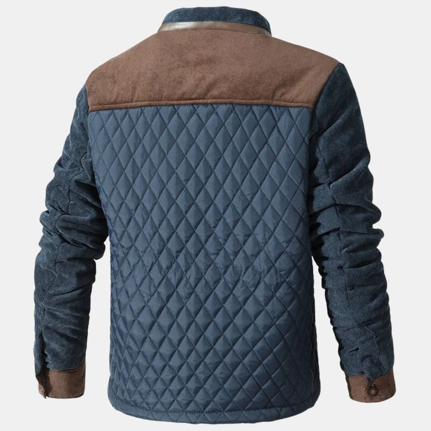 Men’s Quilted Jacket – Regular Fit – Diamond Stitching – Corduroy Shoulders – Leather Trim