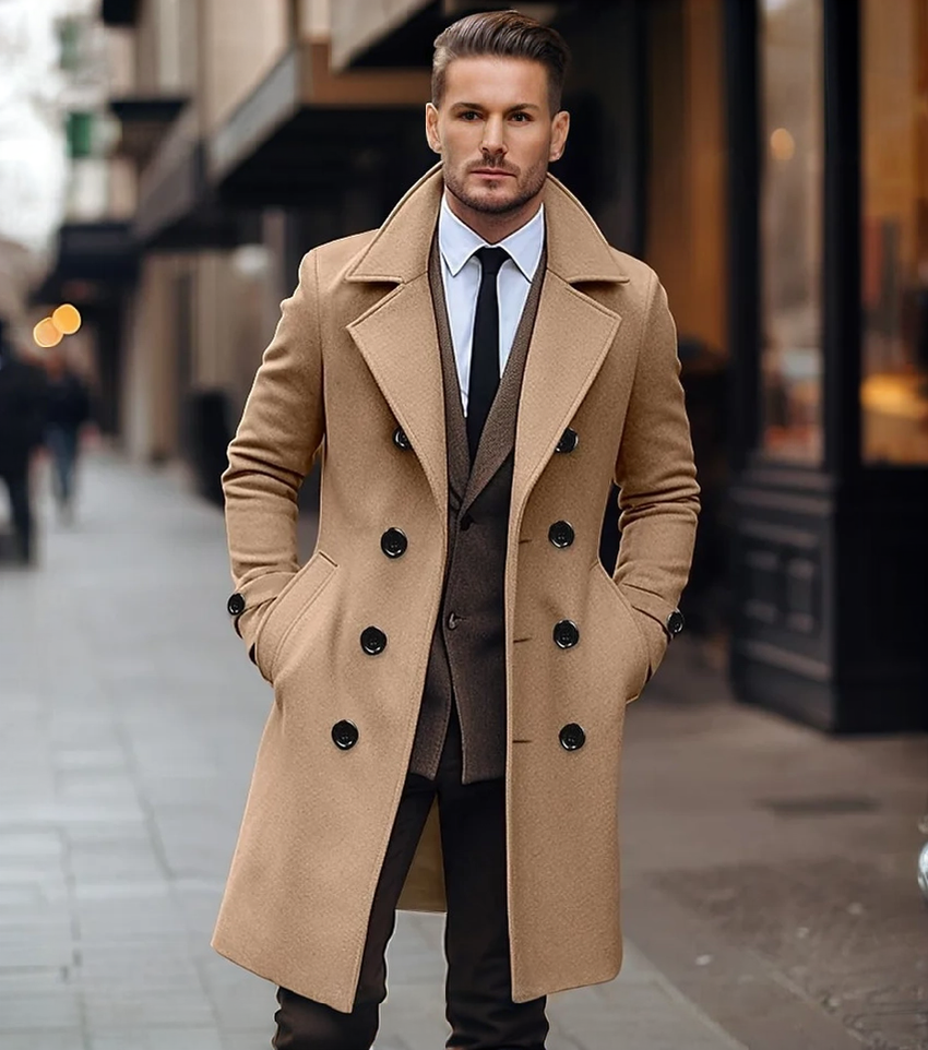 Men’s Trench Coat – Wool – Double-Breasted – Tailored Fit – Formal Long Overcoat