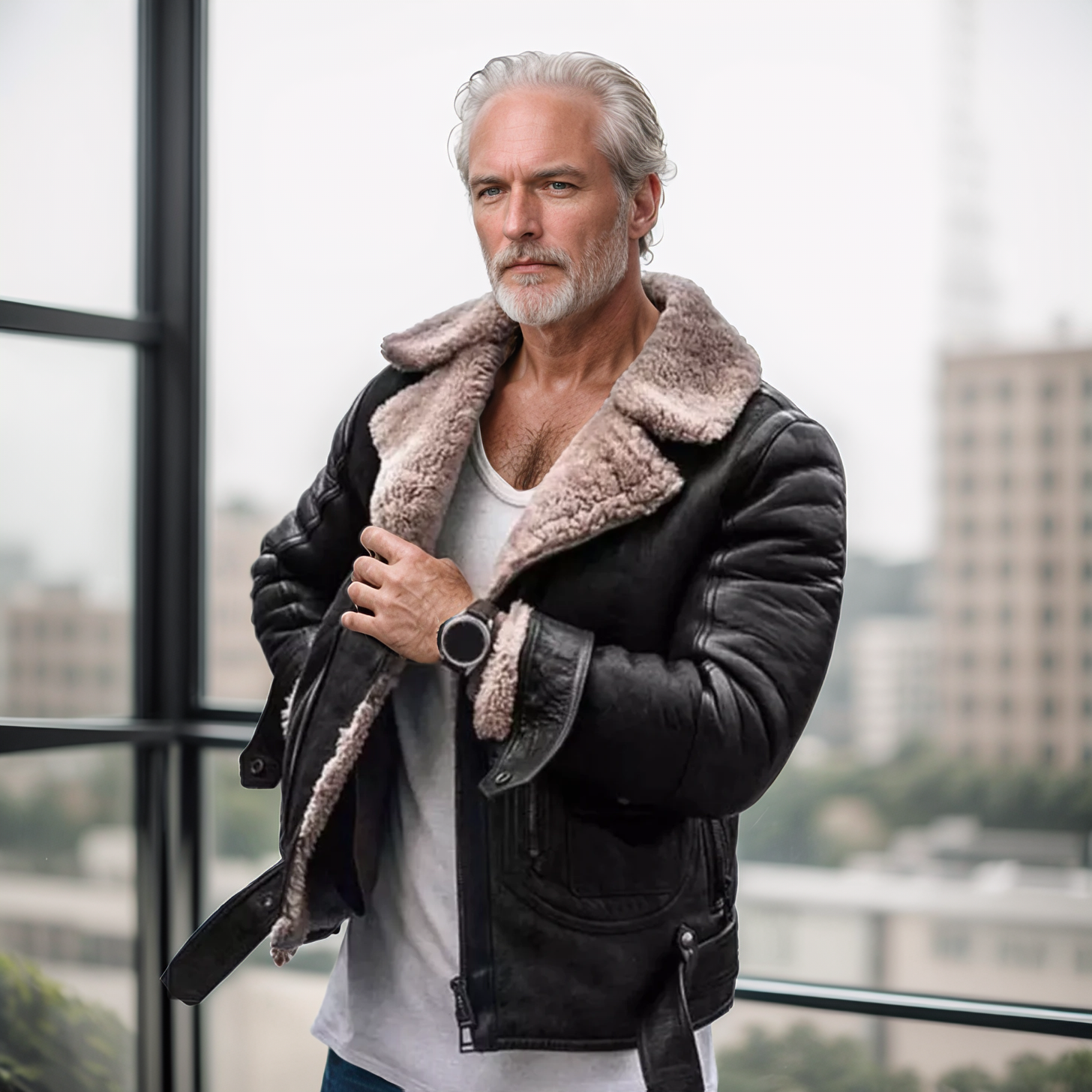 Men’s Biker Jacket - Faux Shearling Lining - Zipper Closure - Tailored Fit