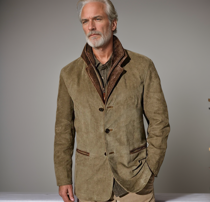 Men’s Suede Jacket – Structured Fit – Leather Trim – Classic Notched Lapel Design