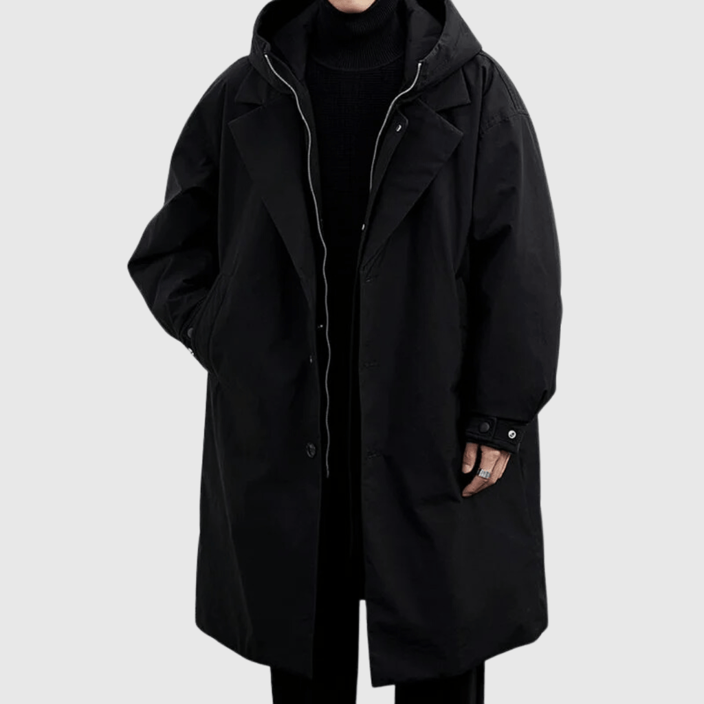 Men’s Oversized Coat – Weather-Resistant – Hooded – Button Closure – Knee Length