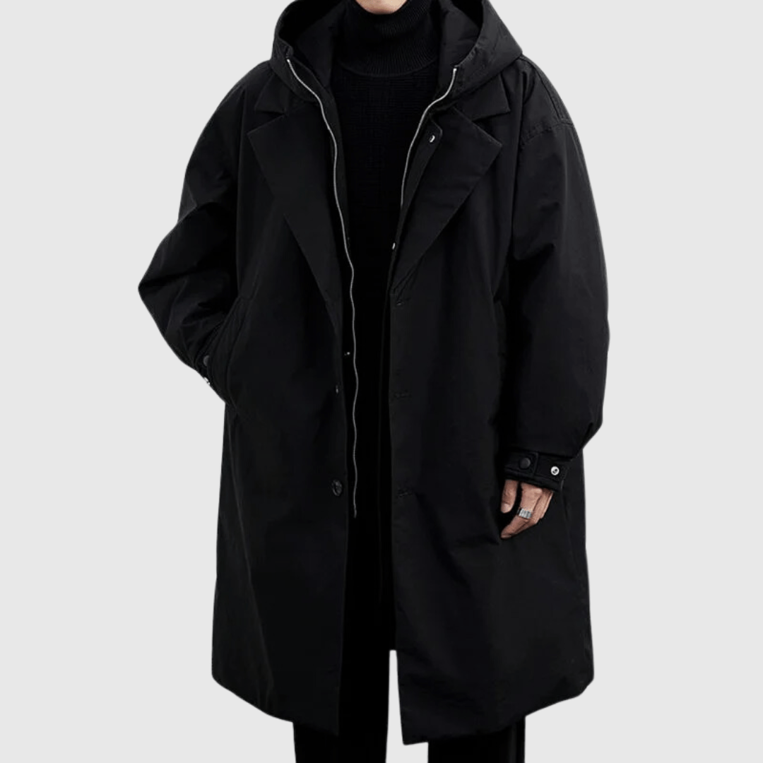 Men’s Oversized Coat – Weather-Resistant – Hooded – Button Closure – Knee Length