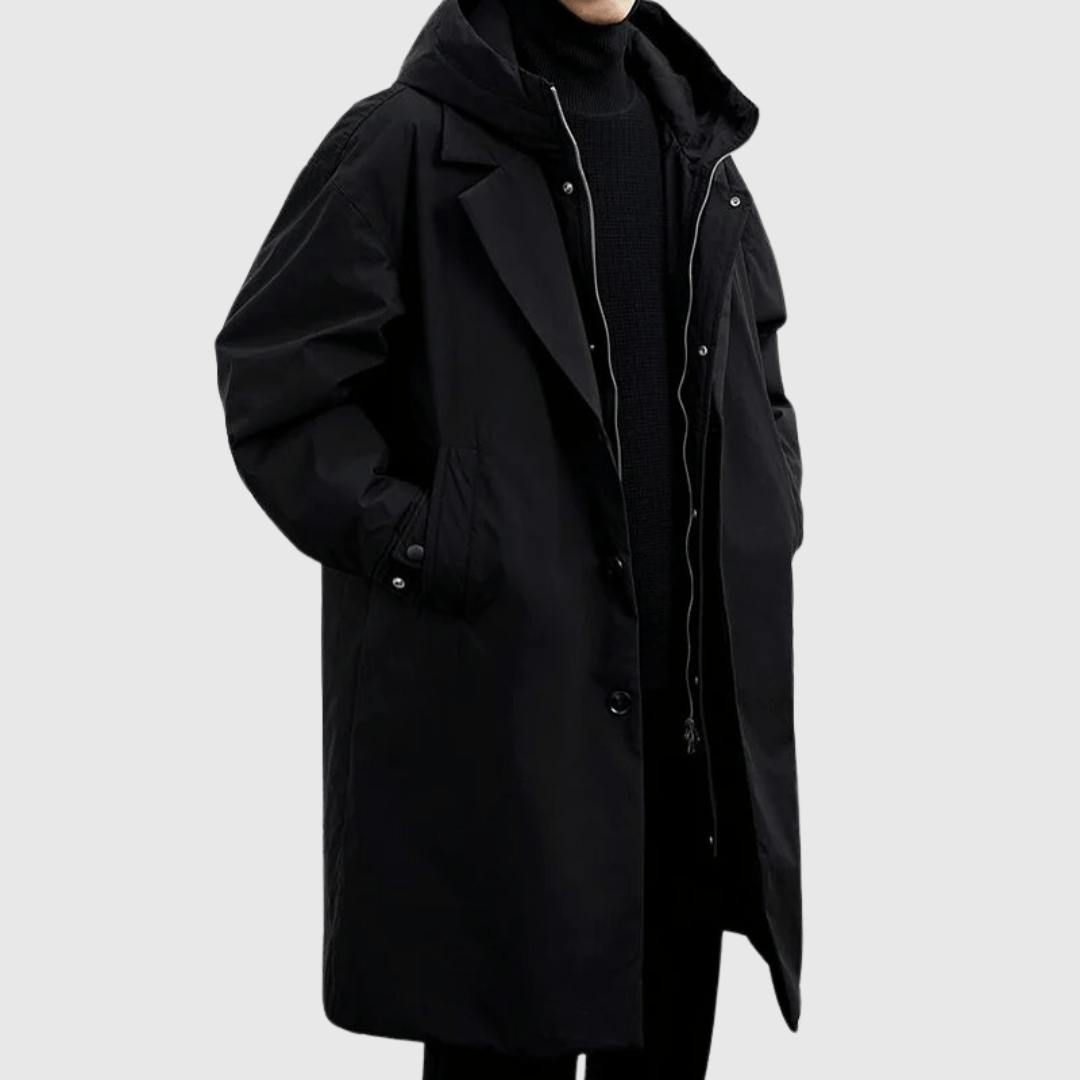 Men’s Oversized Coat – Weather-Resistant – Hooded – Button Closure – Knee Length
