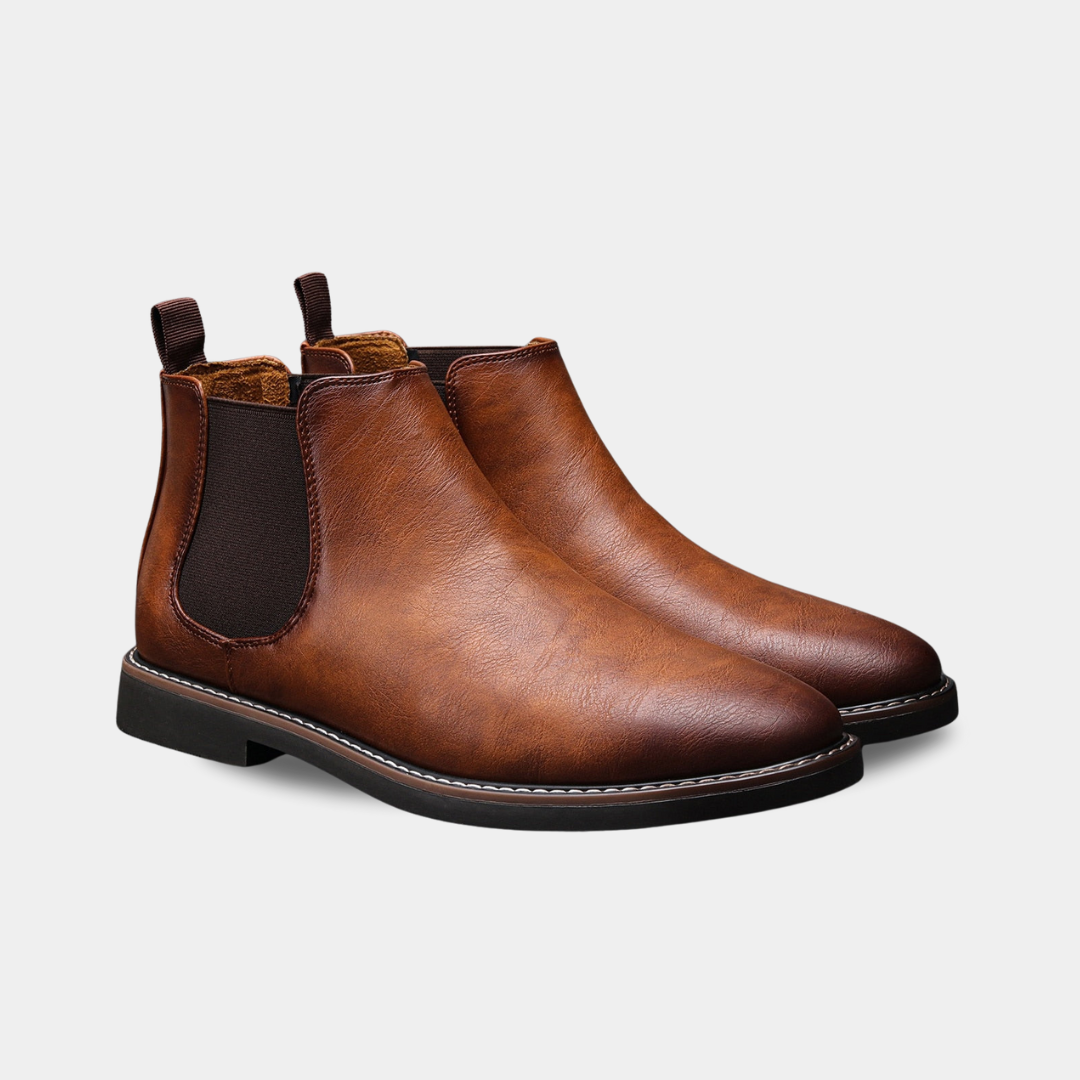 Men’s Chelsea Boots - Leather - Slip-On Design - Elastic Side Panels - Durable Sole