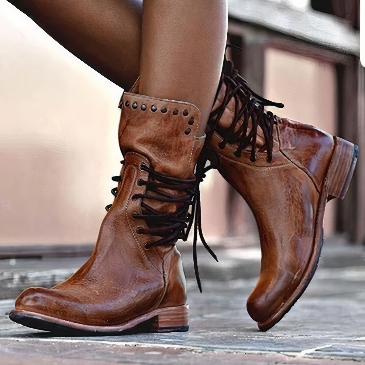 Women's Leather Boots - Mid-Calf Length - Lace-Up Detail - Flat Heel Comfortable Fit