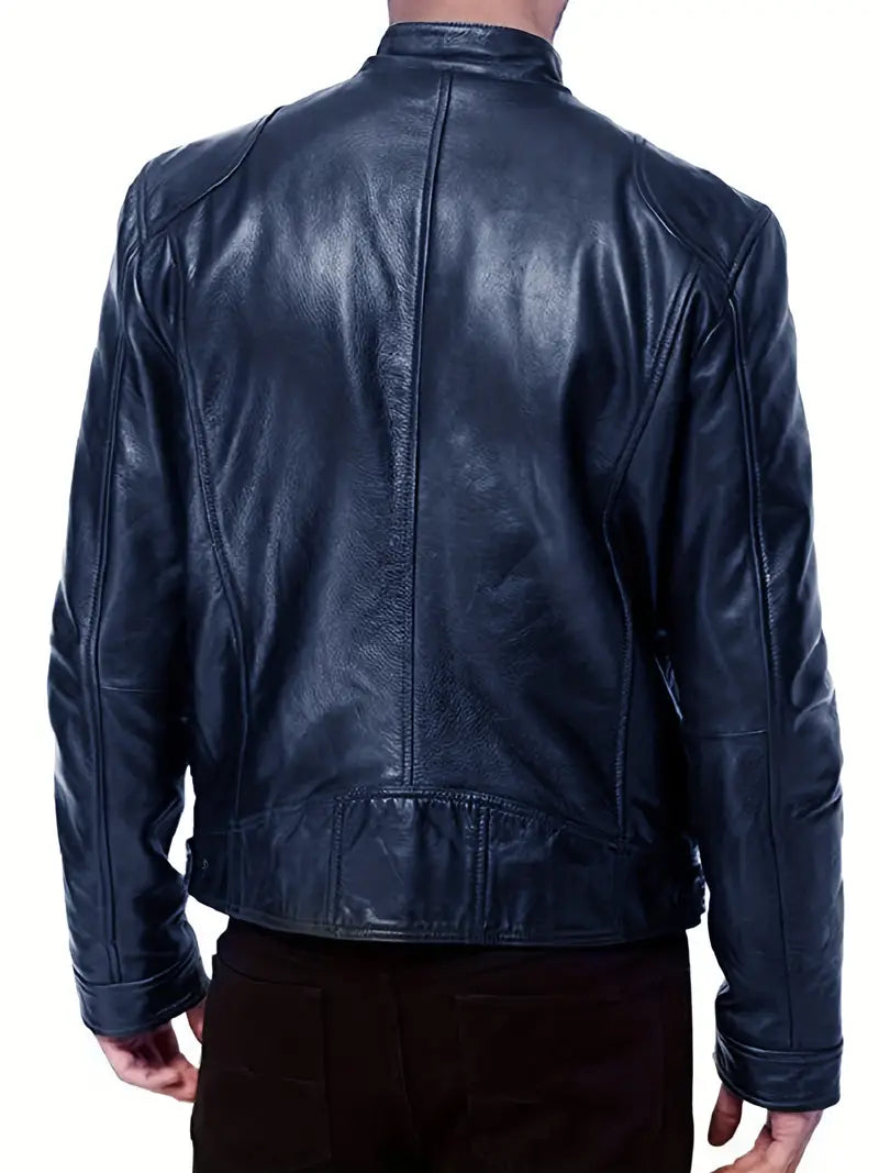 Men's Leather Jacket - Fitted Design - Stand Collar - Zip Closure - Stylish & Durable