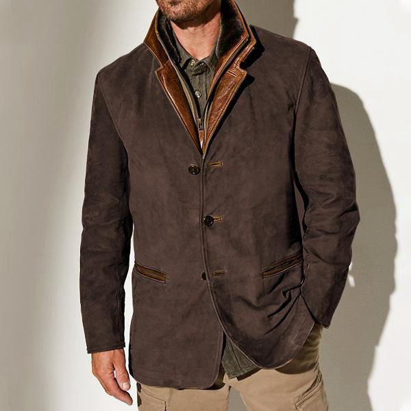 Men’s Suede Jacket – Structured Fit – Leather Trim – Classic Notched Lapel Design