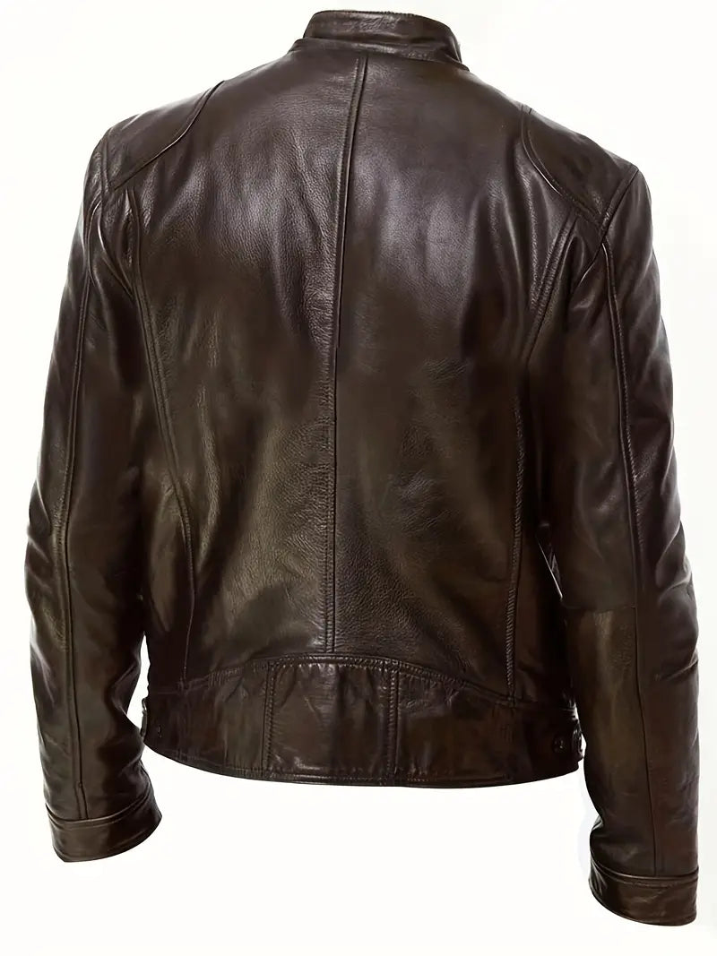 Men's Leather Jacket - Fitted Design - Stand Collar - Zip Closure - Stylish & Durable