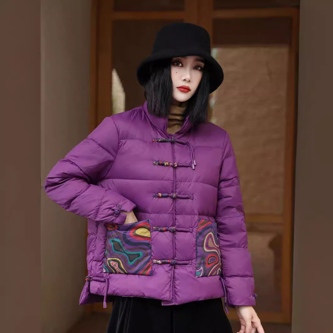 Women’s Quilted Jacket – Oversized Fit – High Collar – Frog Closures – Patch Pockets