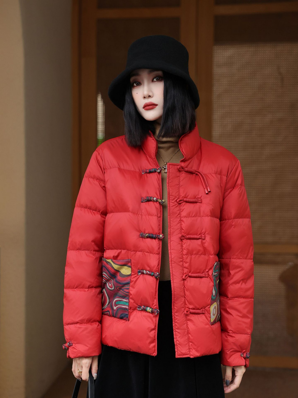 Women’s Quilted Jacket – Oversized Fit – High Collar – Frog Closures – Patch Pockets