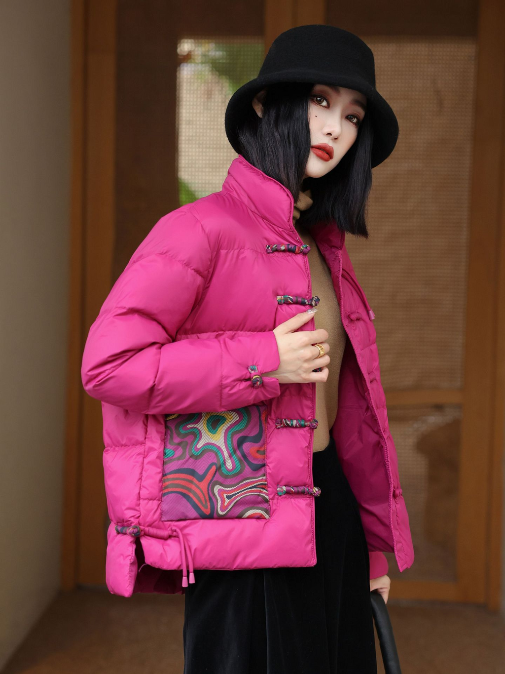 Women’s Quilted Jacket – Oversized Fit – High Collar – Frog Closures – Patch Pockets