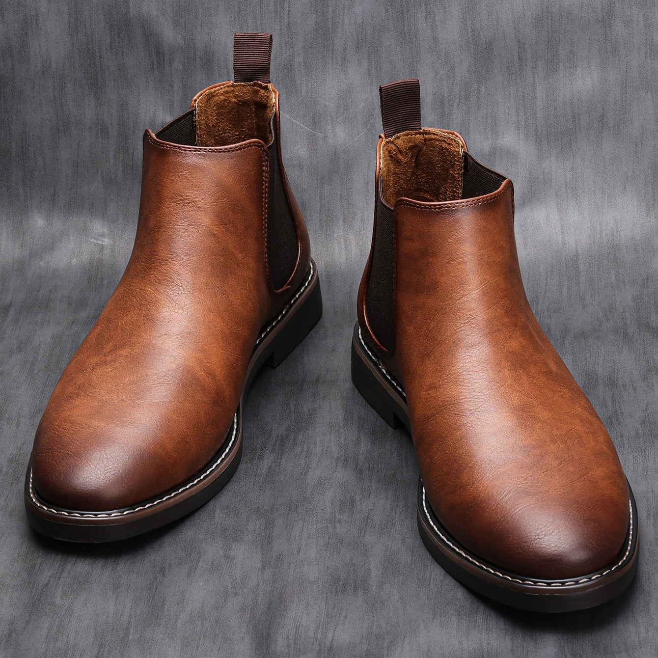 Men’s Chelsea Boots - Leather - Slip-On Design - Elastic Side Panels - Durable Sole