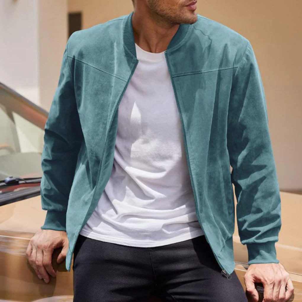 Men’s Suede Jacket – Classic Fit – Collarless – Zip Front – Soft Texture Casual Style