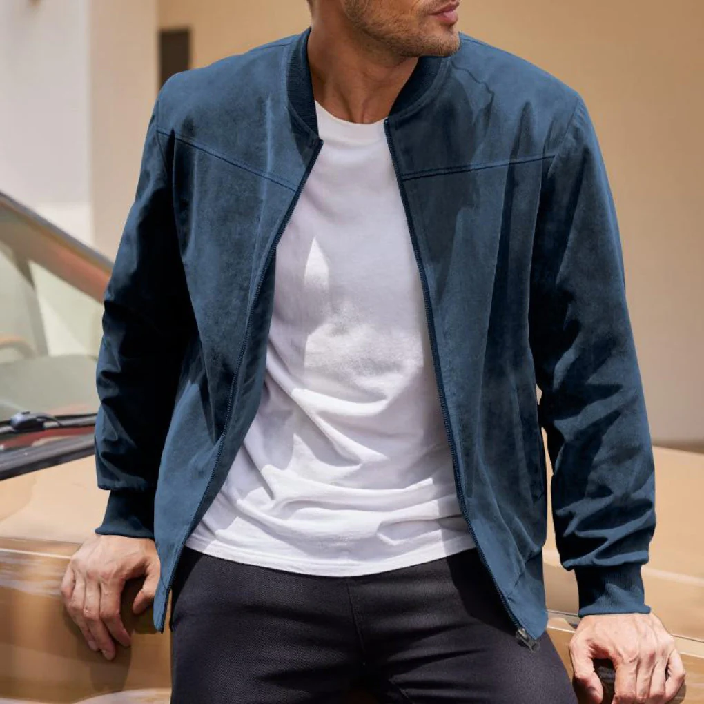 Men’s Suede Jacket – Classic Fit – Collarless – Zip Front – Soft Texture Casual Style