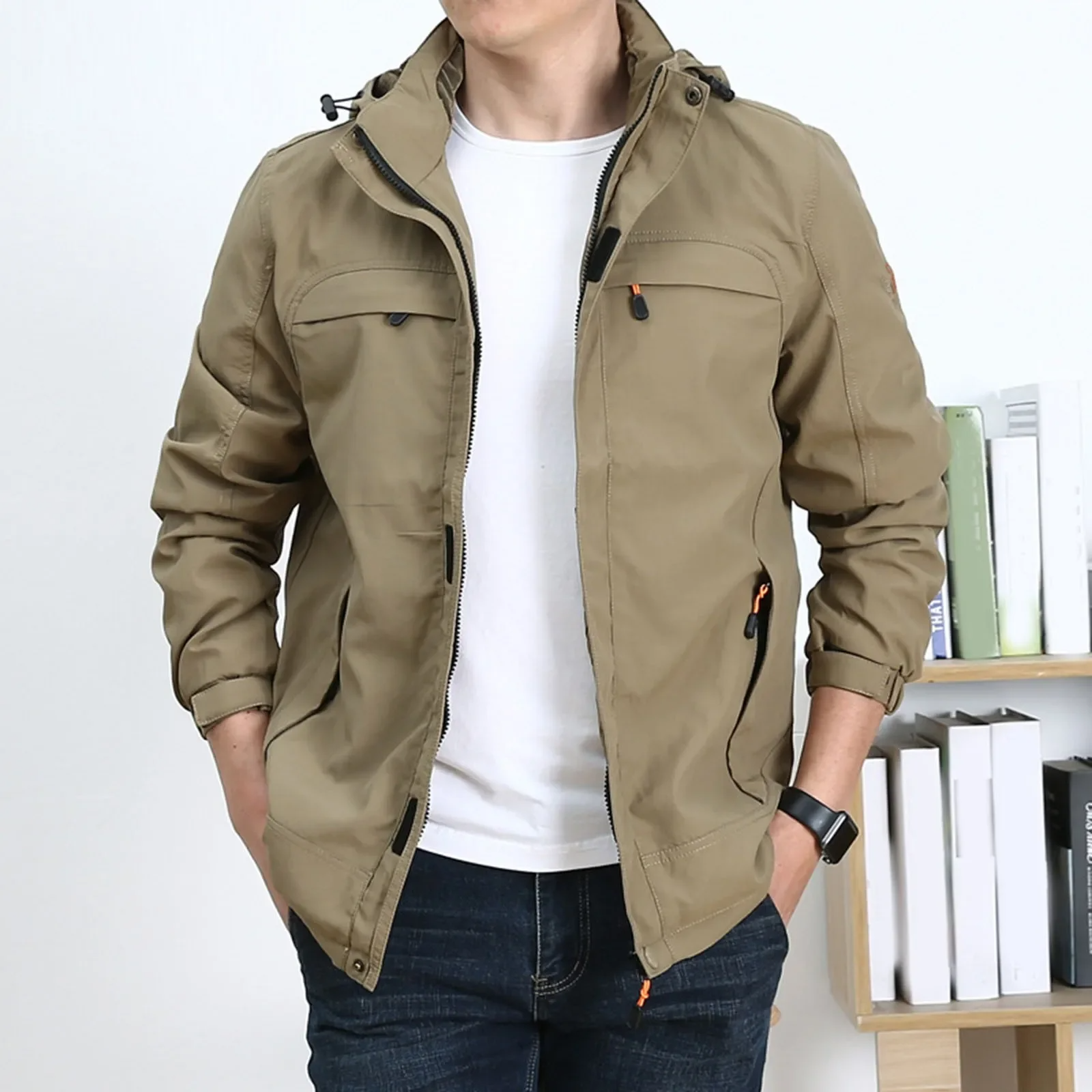 Men’s Jacket – Cotton – Regular Fit – Hooded – Zip Front – Multi Pocket – Medium Length