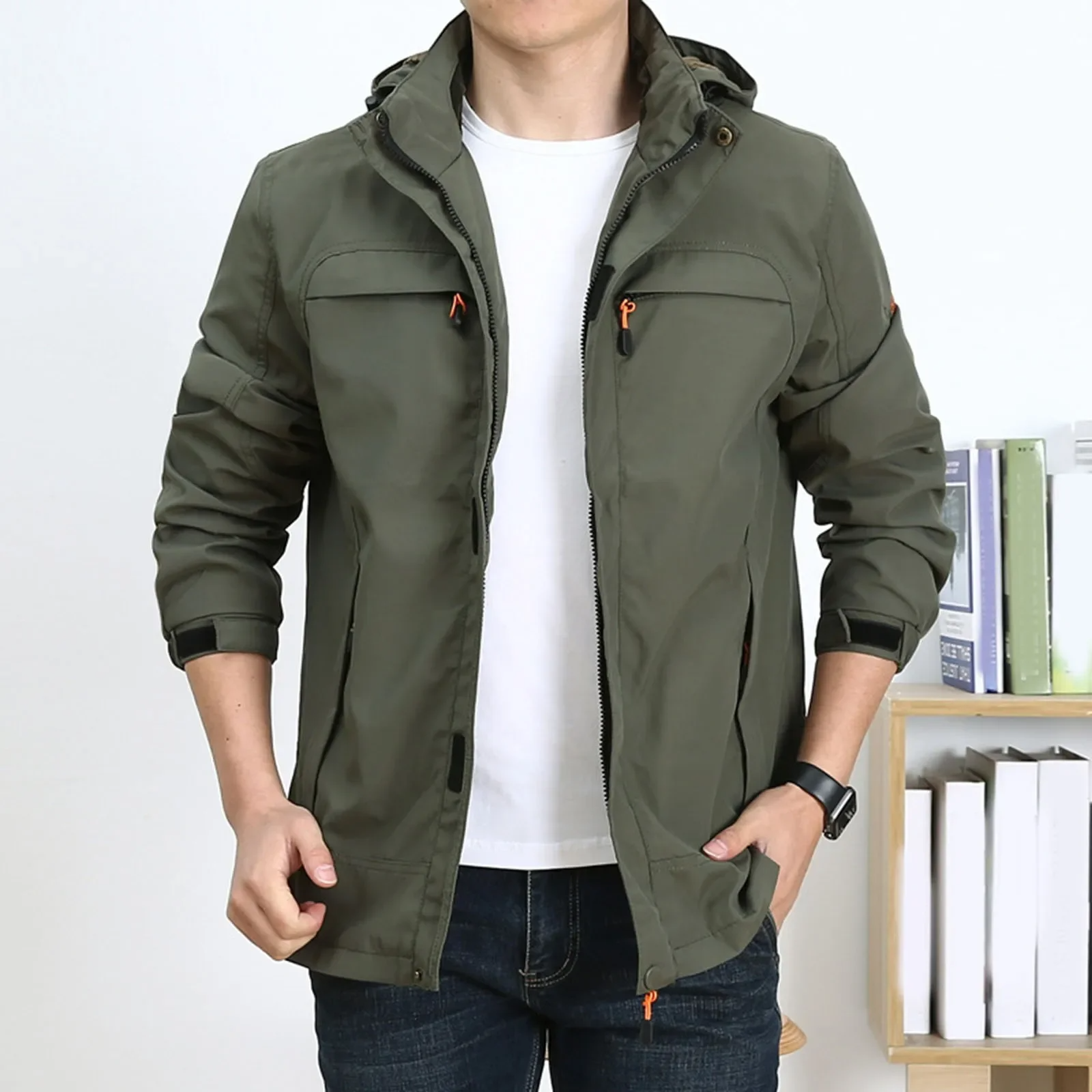 Men’s Jacket – Cotton – Regular Fit – Hooded – Zip Front – Multi Pocket – Medium Length
