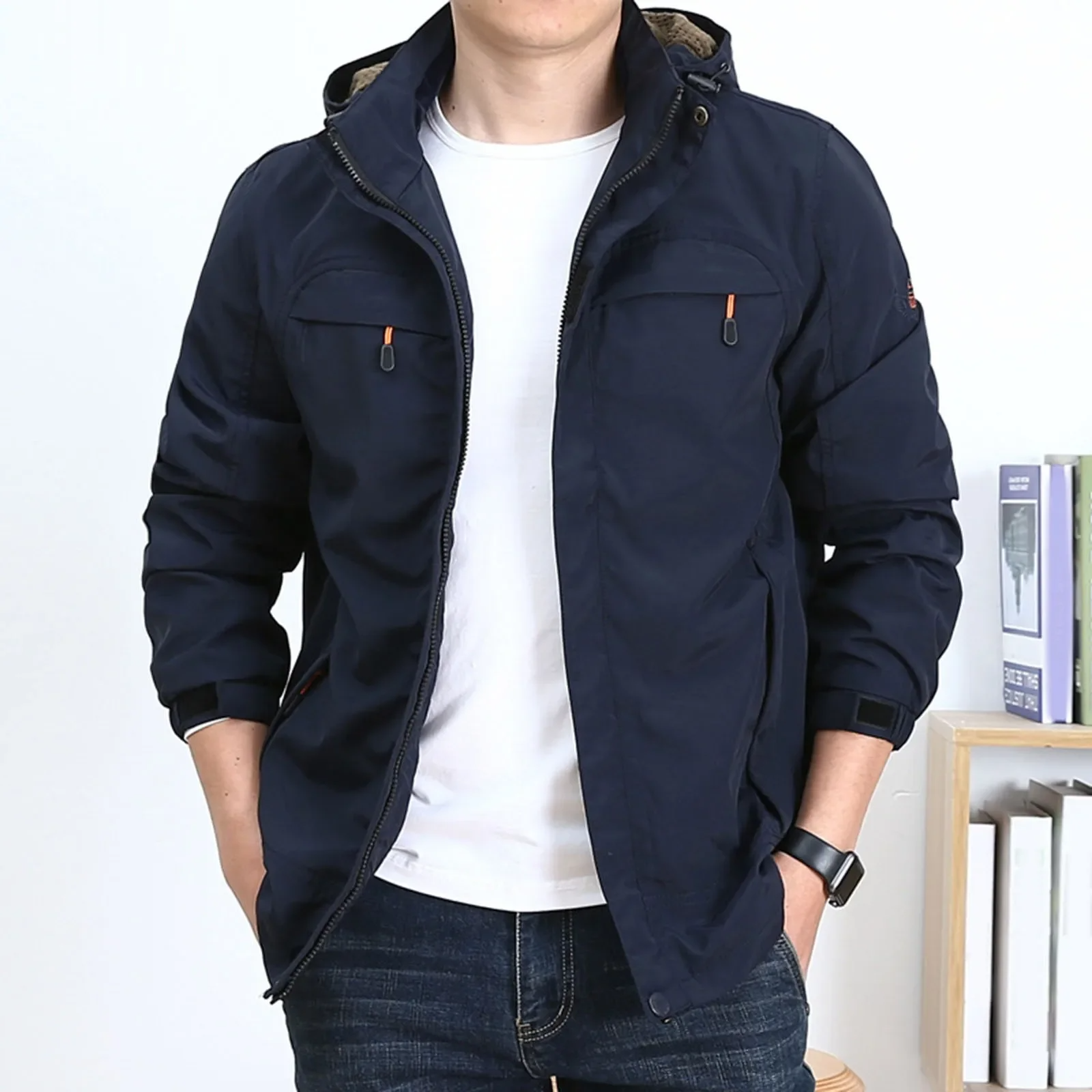 Men’s Jacket – Cotton – Regular Fit – Hooded – Zip Front – Multi Pocket – Medium Length