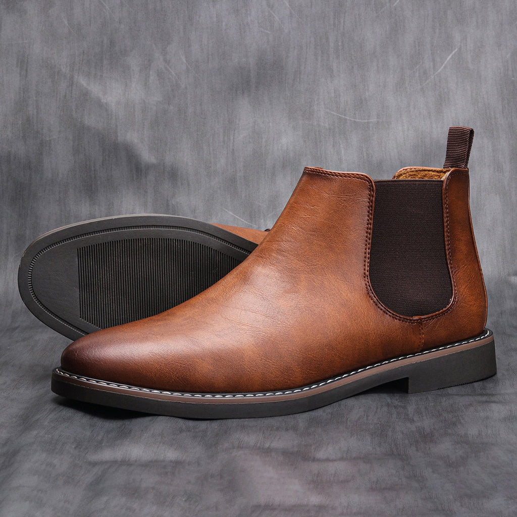 Men’s Chelsea Boots - Leather - Slip-On Design - Elastic Side Panels - Durable Sole