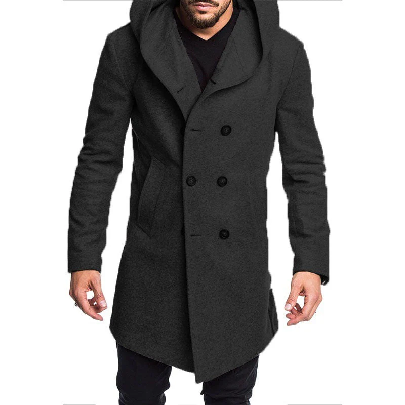 Men’s Long Wool Coat – Slim Fit – Double-Breasted Hooded – Formal Outerwear