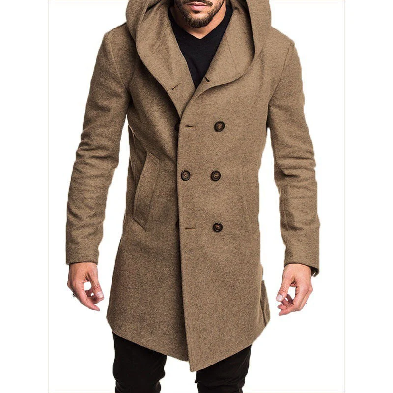 Men’s Long Wool Coat – Slim Fit – Double-Breasted Hooded – Formal Outerwear