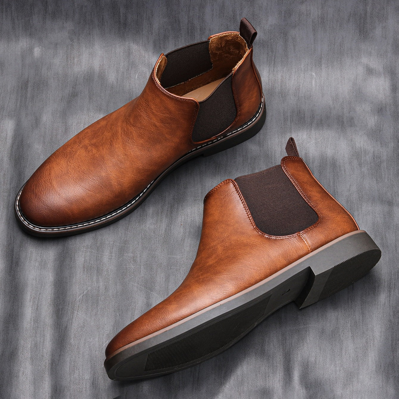 Men’s Chelsea Boots - Leather - Slip-On Design - Elastic Side Panels - Durable Sole