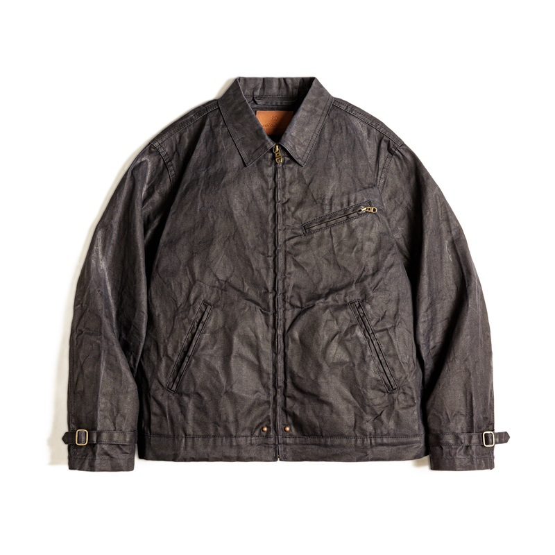 Men’s Jacket – Slim Fit – Oil-Waxed Canvas – Zipper Front – Lapel Collar – Adjustable Waist