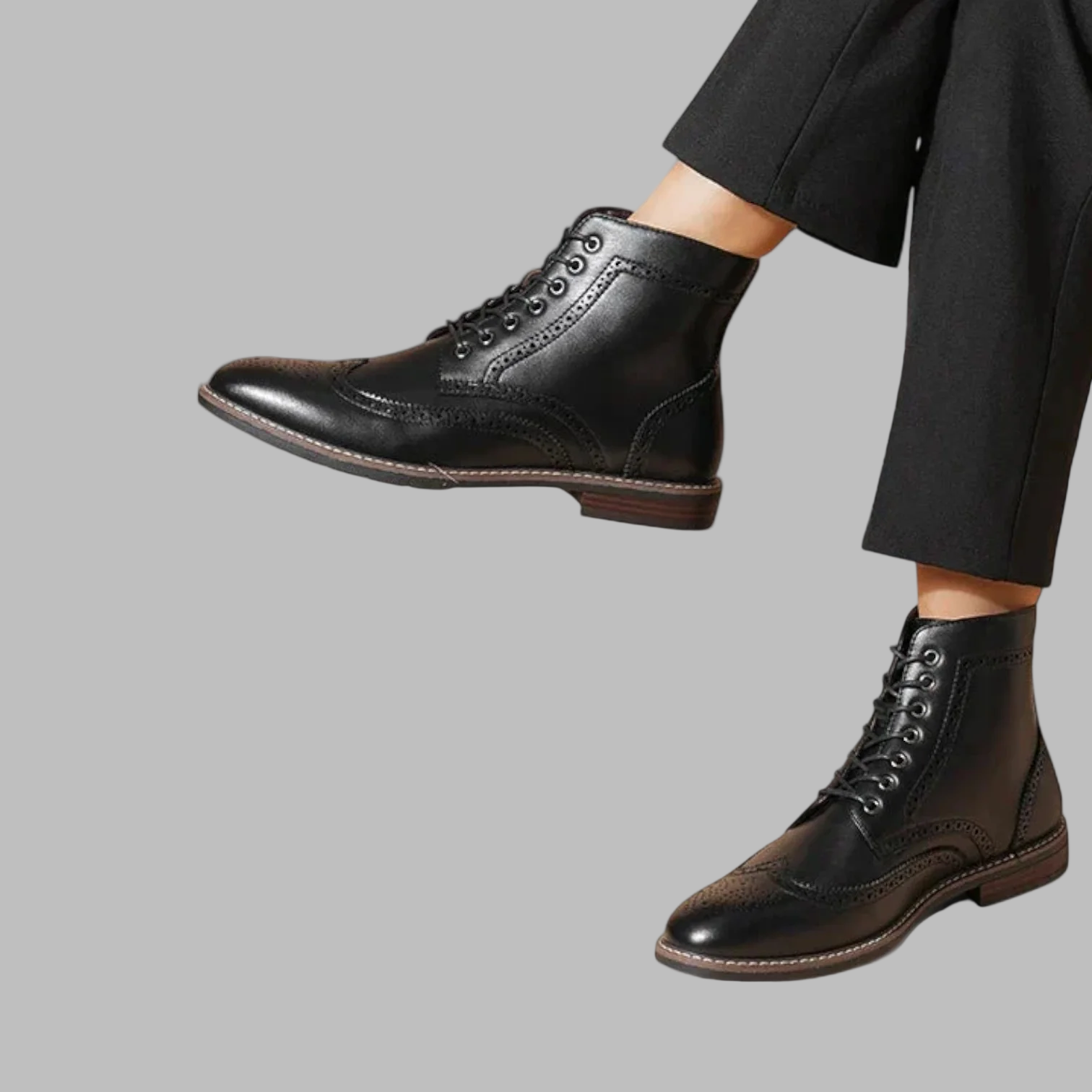 Men’s Ankle Boots – Leather Wingtip – Brogue Detailing – Lace-Up – Stacked Heel