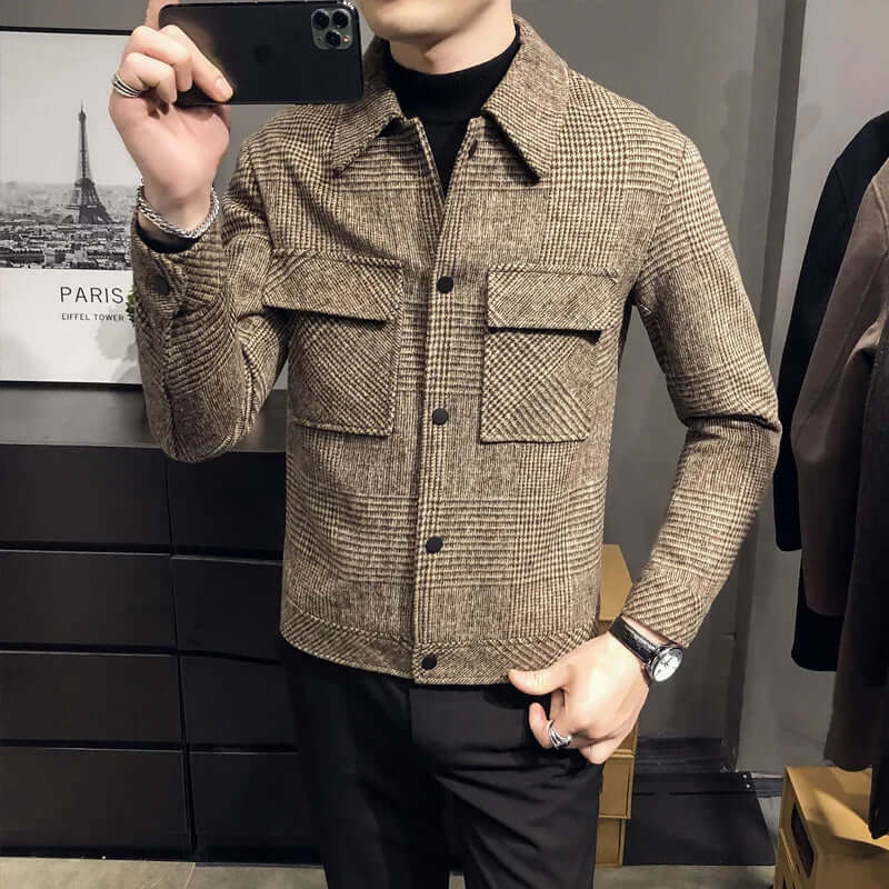Men’s Jacket – Wool Blend – Tailored Regular Fit – Plaid Pattern – Patch Pockets