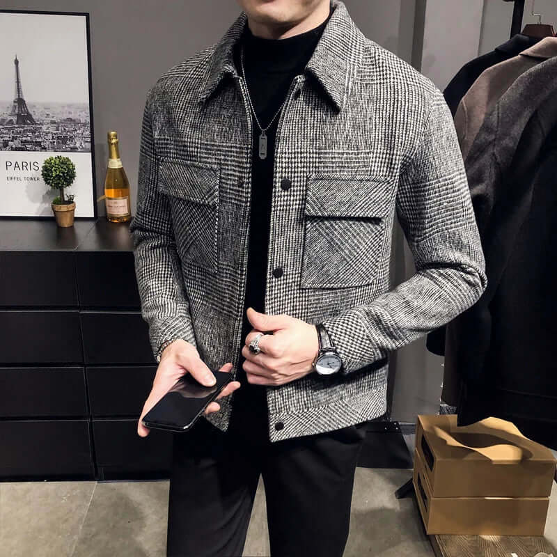 Men’s Jacket – Wool Blend – Tailored Regular Fit – Plaid Pattern – Patch Pockets