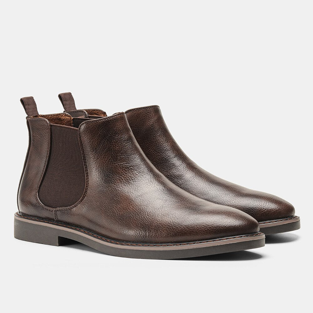 Men’s Chelsea Boots - Leather - Slip-On Design - Elastic Side Panels - Durable Sole