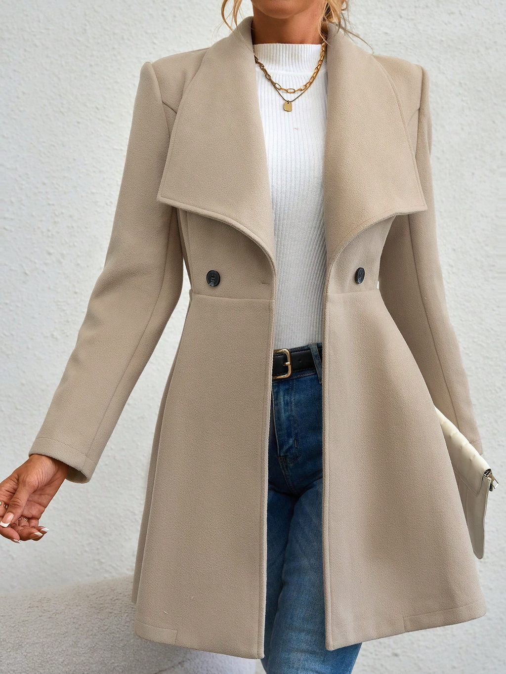 Women’s Jacket – Tailored Fit – Wool Touch – Lapel Collar – Button-Up Mid-Thigh