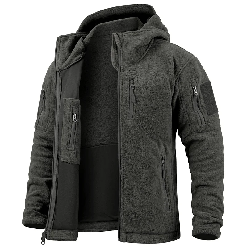 Men’s Tactical Fleece Jacket – Structured Fit – Full Zip – Hooded – Zipped Pockets