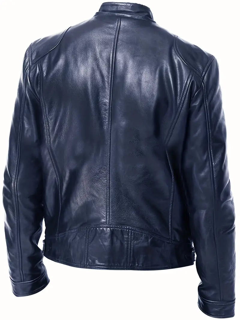 Men's Leather Jacket - Fitted Design - Stand Collar - Zip Closure - Stylish & Durable