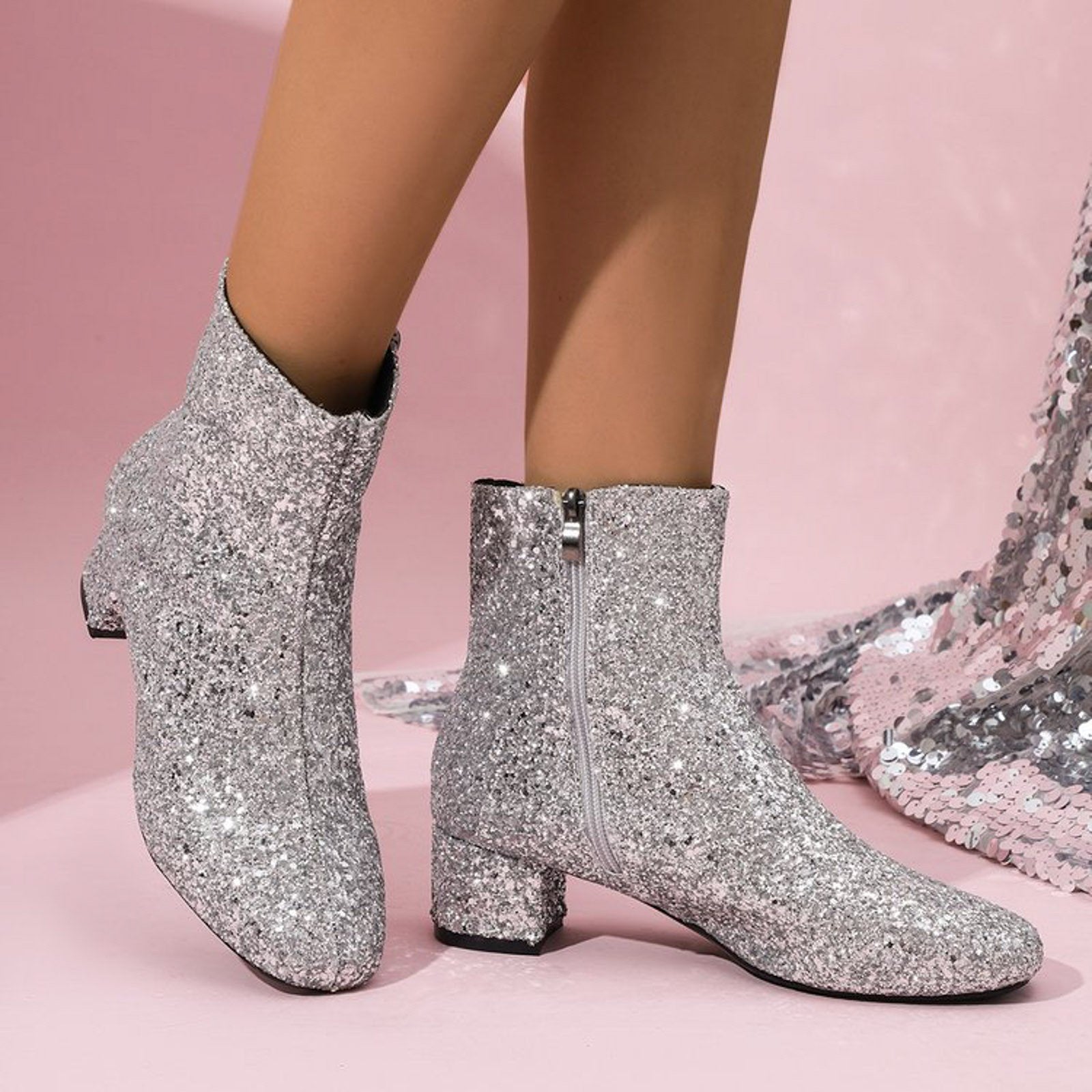 Glitter Ankle Boots for Women with Block Heel – Spring 2025 Collection