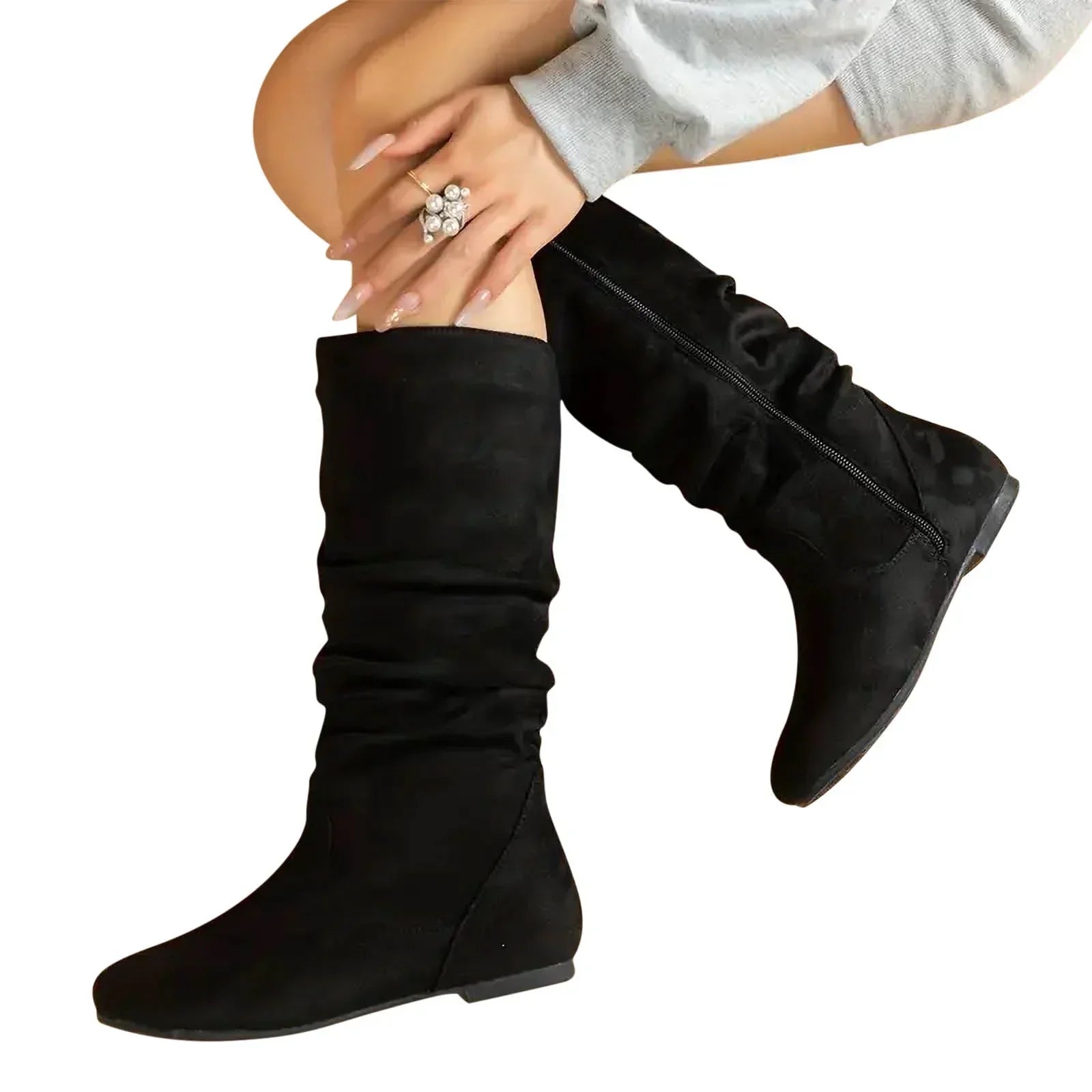 Women's Suede Mid-Calf Boots with Side Zipper – Spring 2025 Collection