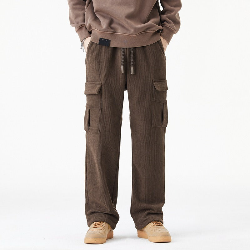 Men’s Cargo Pants – Relaxed Wide-Leg Fit – Ribbed Texture – Elastic Drawstring Waist