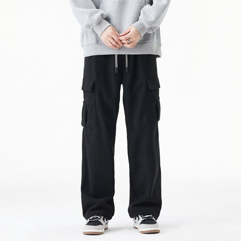 Men’s Cargo Pants – Relaxed Wide-Leg Fit – Ribbed Texture – Elastic Drawstring Waist