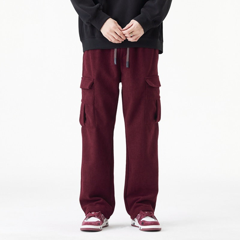 Men’s Cargo Pants – Relaxed Wide-Leg Fit – Ribbed Texture – Elastic Drawstring Waist