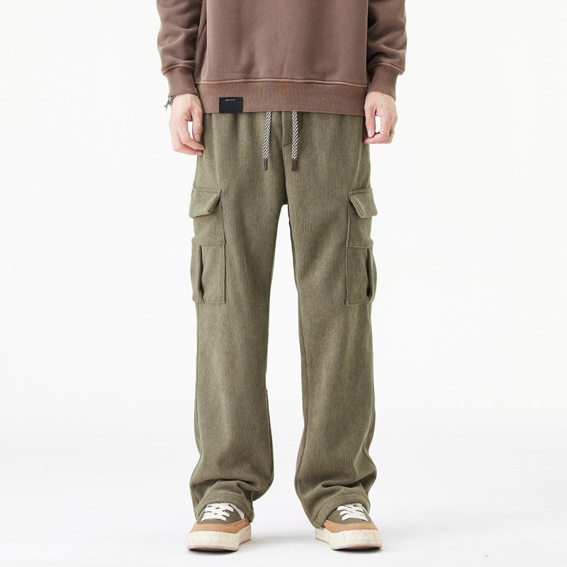 Men’s Cargo Pants – Relaxed Wide-Leg Fit – Ribbed Texture – Elastic Drawstring Waist