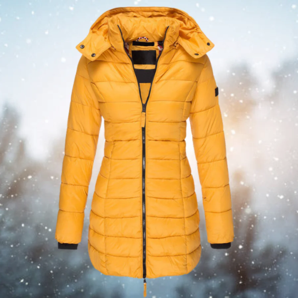 Women’s Long Puffer Jacket – Slim Fit – Quilted – Water-Resistant – Detachable Hood