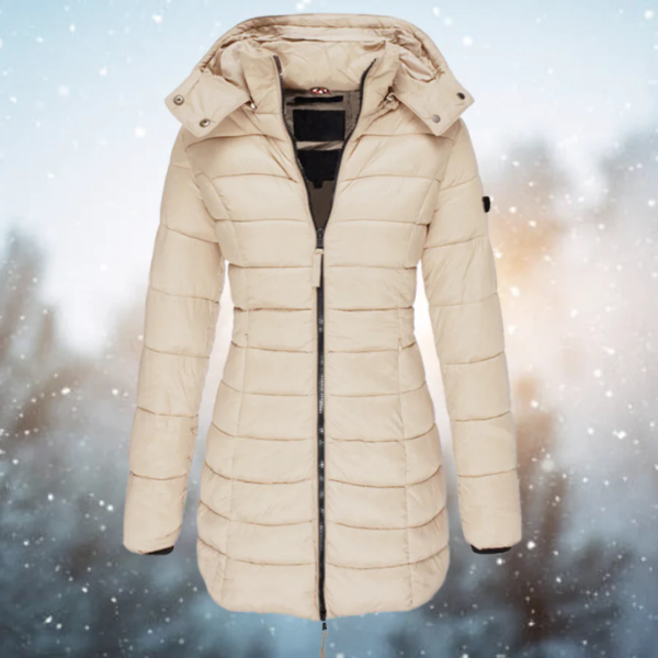 Women’s Long Puffer Jacket – Slim Fit – Quilted – Water-Resistant – Detachable Hood