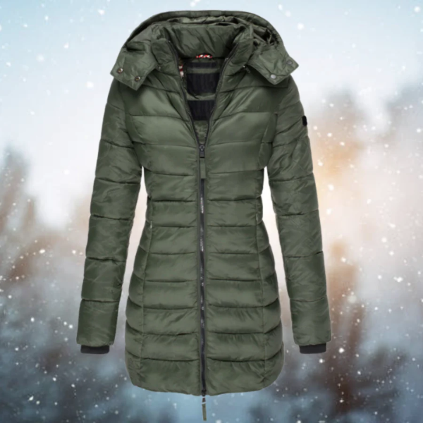 Women’s Long Puffer Jacket – Slim Fit – Quilted – Water-Resistant – Detachable Hood