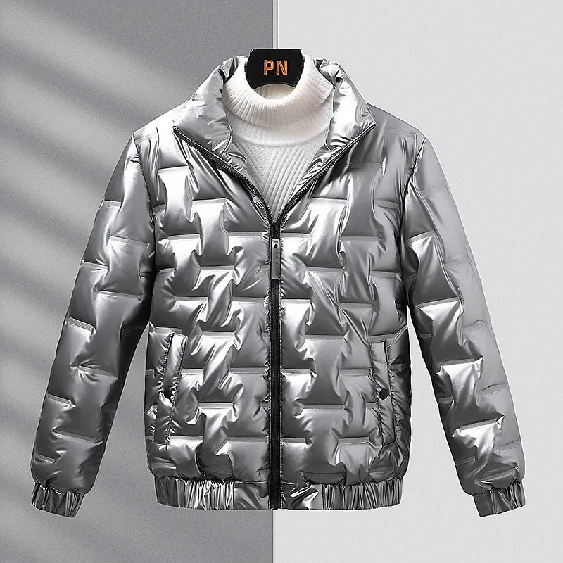 Men’s Quilted Coat – Slim Fit – Shiny Finish – Stand Collar Zipper Casual Outerwear