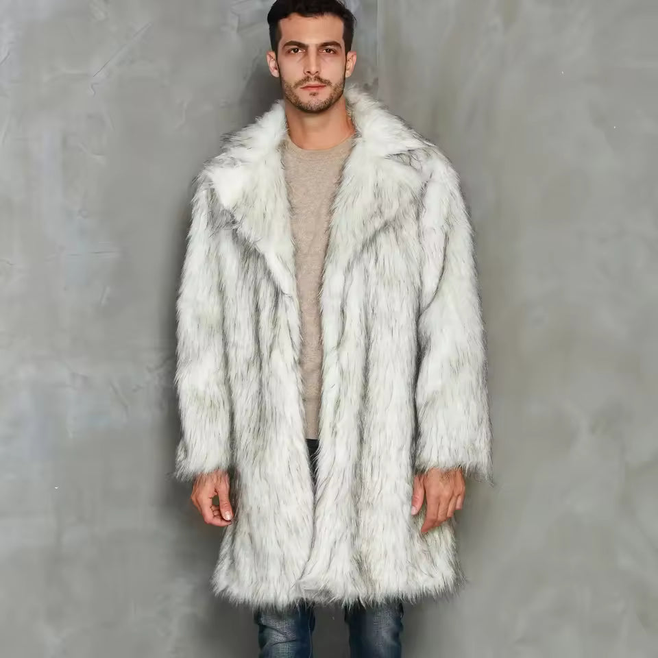 Men’s Long Coat – Faux Fur – Oversized Fit – Notch Lapel – Open Front Statement Piece